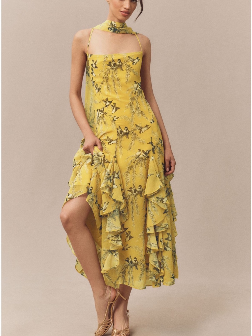 Anthropologie Yellow Floral Ruffle Maxi Dress